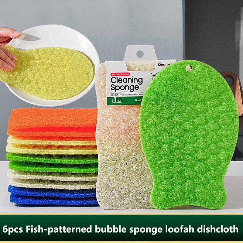 6pcs Colorful Fish Pattern Kitchen Dishcloths Non-Stick Bubble Dish Towels Household Cleaning Sponges for Home Oasis Select