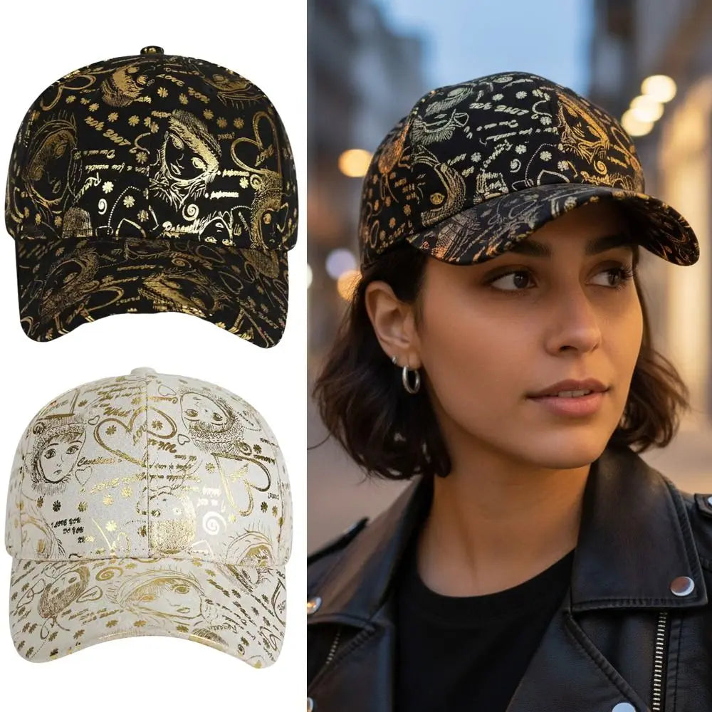 Golden Sketch Print Graffiti Baseball Cap Cotton Curved Brim Baseball Hats Adjustable Hip Hop Visor Cap For Man Women Unisex Oasis Select