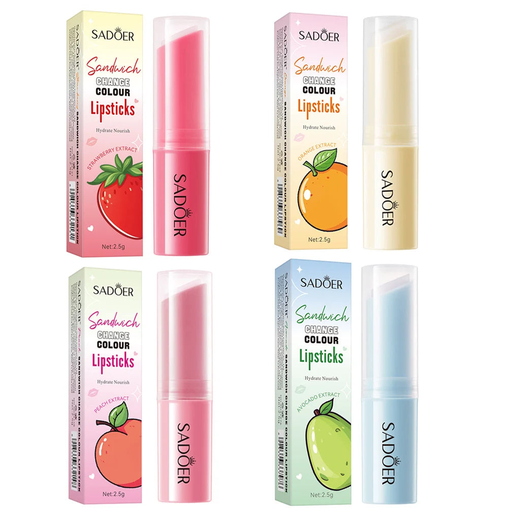 2.5g/pc Color Changing Lipstick – Strawberry Orange Peach Avocado Fruit Flavored Heart Core Lip Balm Moisturizing Hydrating Oasis Select 4pcs