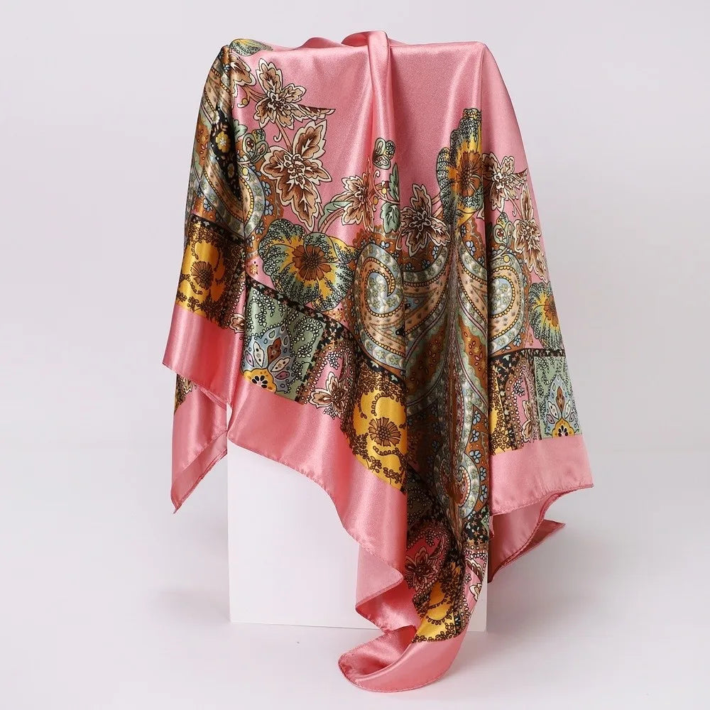 Luxury 90*90cm Satin Square Scarf Bohemian Hair Accessories Print Silk Headkerchief Floral Shawl Wraps Headband Wedding Oasis Select E