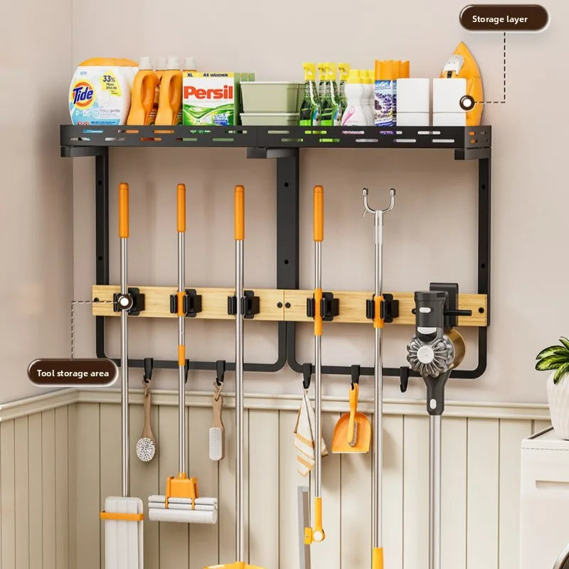 Household wall-mounted broom rack, mop clip, balcony, courtyard finishing and storage, hanging cleaning tool storage rack Oasis Select