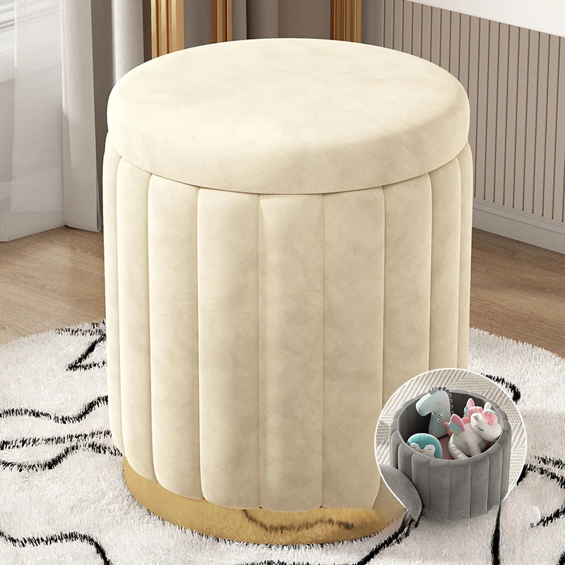 Makeup stool light luxury round stool chair bedroom Internet celebrity storage bench sofa stool dresser stool makeup chair small Oasis Select Beige Storage