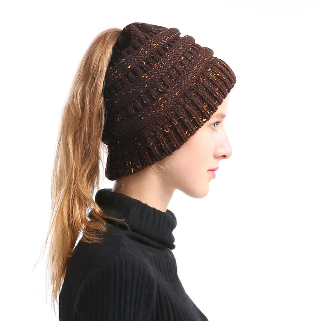 Mixed color hollow top hat with large brim, knitted ponytail, parent-child hat, yarn and yarn versatile Oasis Select 11