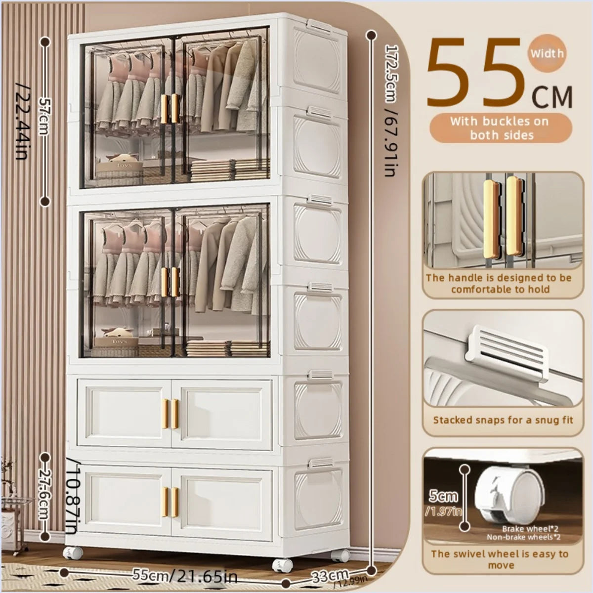 Foldable plastic storage box, simple wardrobe for home bedroom closet toy storage cabinet, no installation required Oasis Select 55cm 2 Large 2 Small