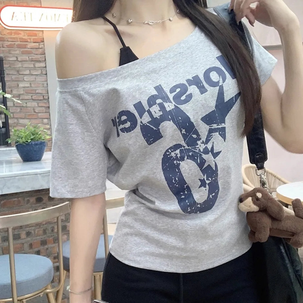 Trendy Y2k Off Shoulder Top Letter Print Body Basic Crop Top Skew Collar Summer Top Vintage Style Oasis Select Grey L