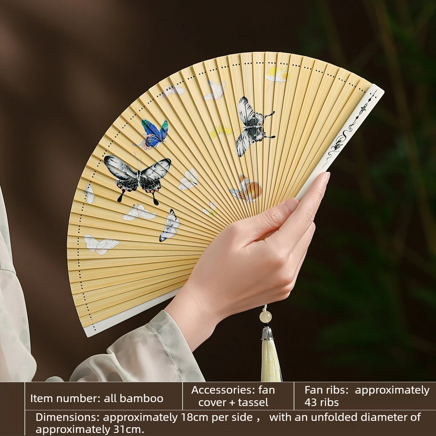 All Bamboo Folding Fan Compact and Portable Chinese Style Portable Ancient Style Folding Fan Cheongsam Fashion Show Oasis Select Colorful butterflies 18x31cm