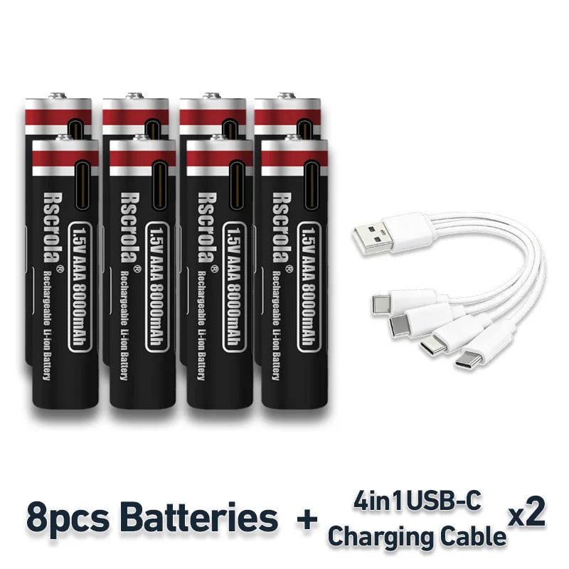 2026 New 1.5V AAA Rechargeable Li-Ion Battery 8000mAh Type-C Fast Charging for Smart Home, Toys, Shavers, Mouse, Flashlights Oasis Select 8 PCS AAA Batteries 1.5V