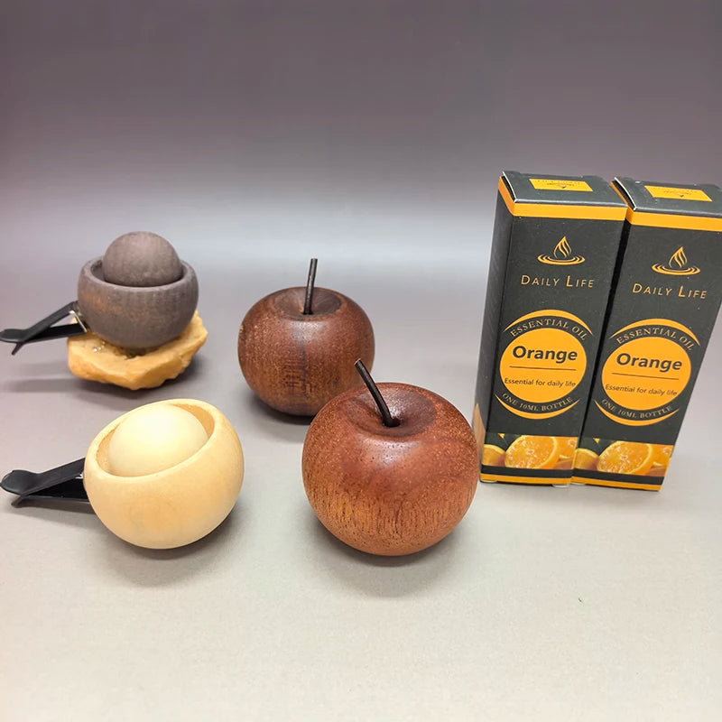 Wooden Oil Diffuser with Essential Oil Set，2pcs Apple Style+2pc Sphere+2 Bottles Essential Oil,for Bedroom Living Room Car Decor Oasis Select orange set