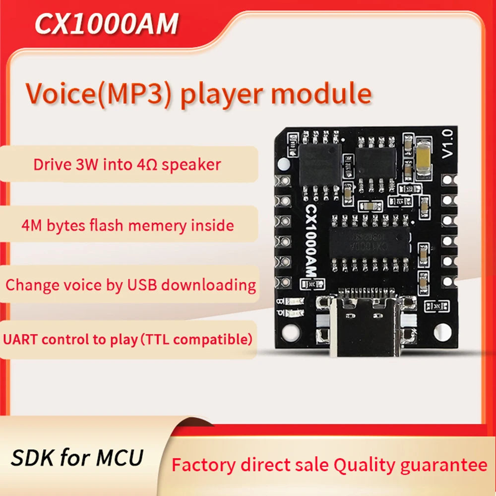 CX1000AM Voice Chip Module Serial MP3 Microcontroller Control Triggers Voice Broadcast Custom Audio Module DC3.3~5.2V Oasis Select