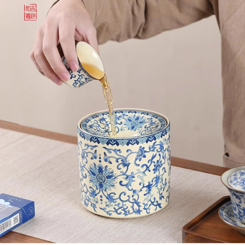 Blue and White Ru Kiln Wrapped Lotus Ashtray with Cover Fly Ash Proof Ashtray Ceramic Tea Residue Jar Tea Ceremony Accessories Oasis Select