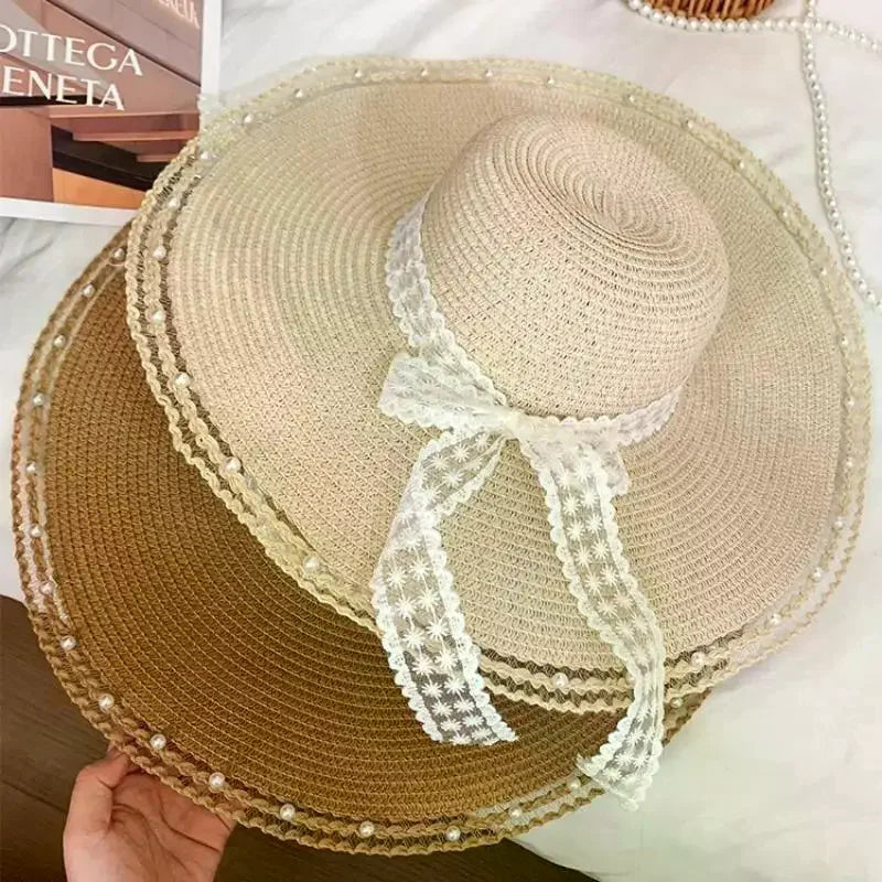 Women Bow Decor Oversize Big Brim Straw Hat Summer Outdoor Sun Block UV Protection Hat Lightweight Breathable Beach Headwear Oasis Select