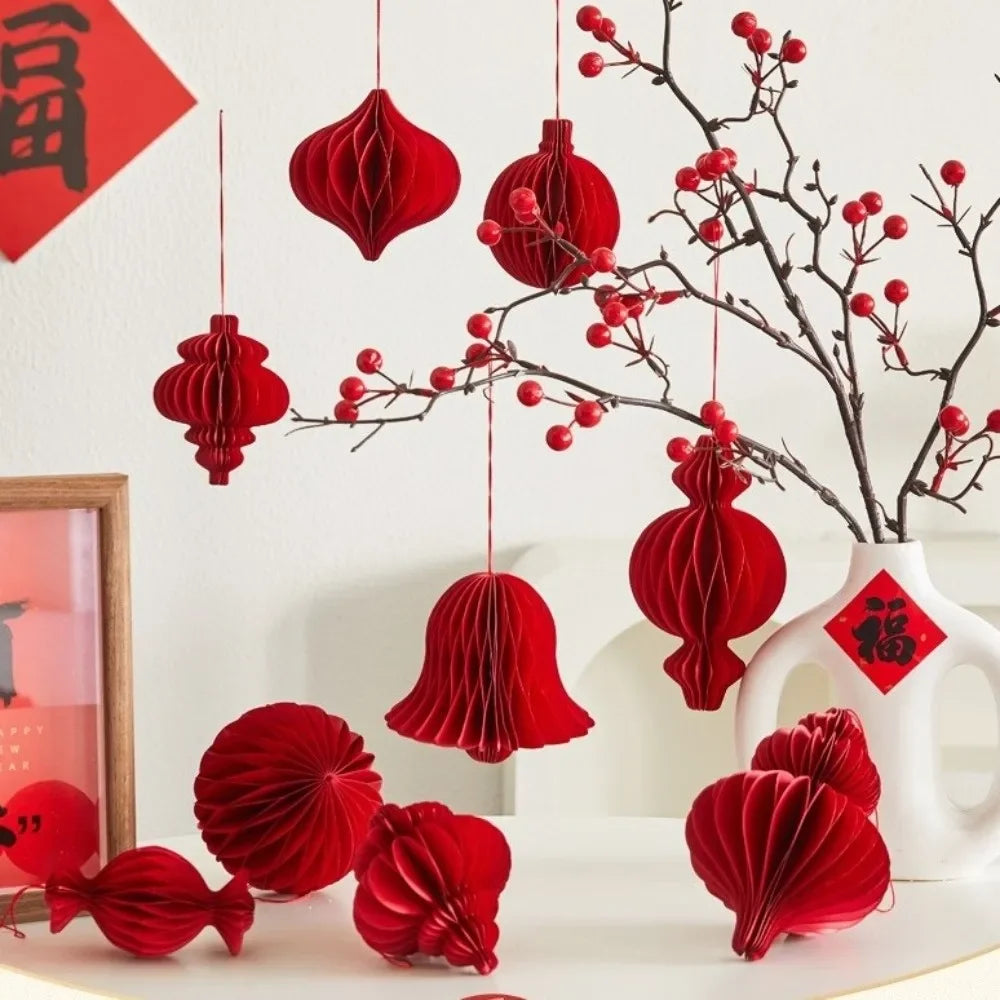 Red Honeycomb Paper Hanging Decoration with Tassel | New Year
