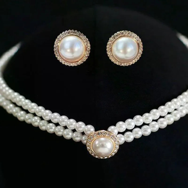 3pcs Fashion Double Layer Pearl Pendant Necklace Earrings Jewelry Set Ladies Banquet Wedding Jewelry Accessories Gift Oasis Select Default Title