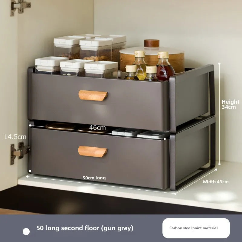 Multi-functional Kitchen Lower Sink Shelf Seasoning Dishes Pull-out Storage Box Sink Storage Rack Cabinet Pull Basket Layer Rack Oasis Select Grey A-2-50