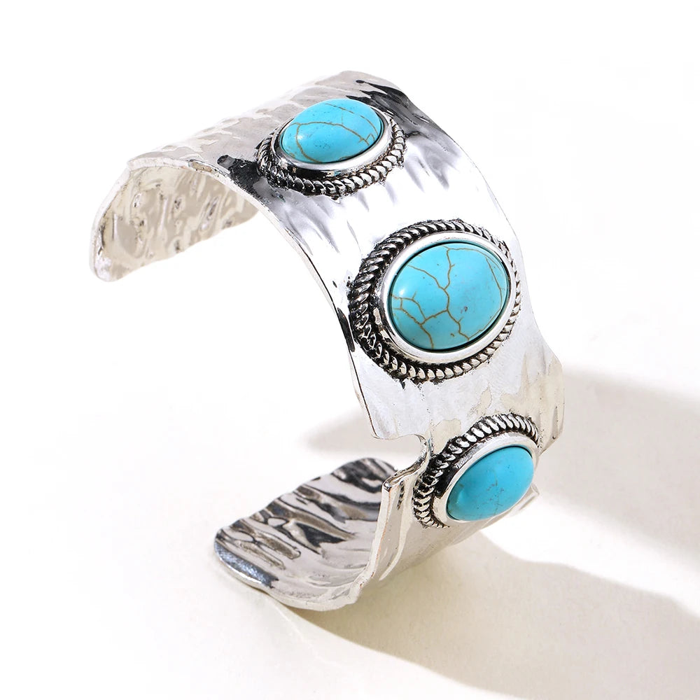 Multi Type Inlaid Imitation Turquoise Alloy Cuff Bracelet for Women New Fashion Bohemian C Shape Open Bangle Jewelry Accessories Oasis Select