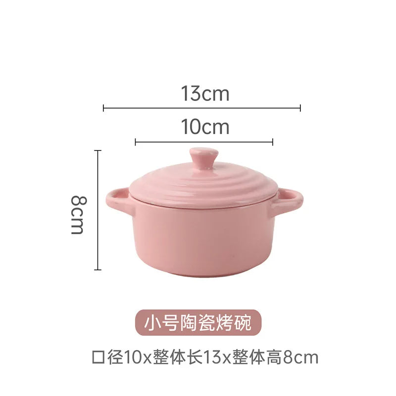 1Pc Small Ceramic Double Ear Bowl - Oven Safe for Steamed Egg Custard, Household Stew Soup, Pudding Baking & Stewing Pot Oasis Select Pink-S