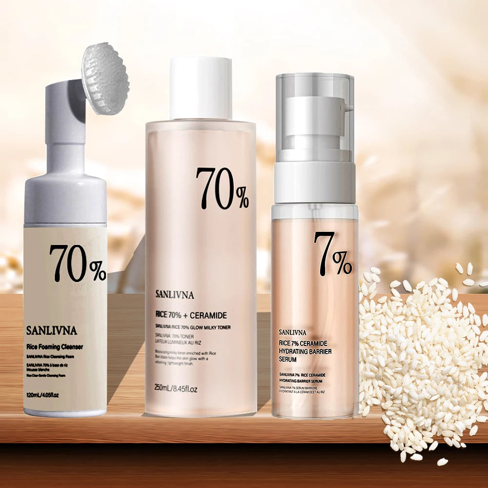 Rice Toner 70% Rice Extract Serum with Niacinamide, Rice Cleansing Foam, Deep Cleansing, Moisturizer for Dry Skin, Skin Care Set Oasis Select