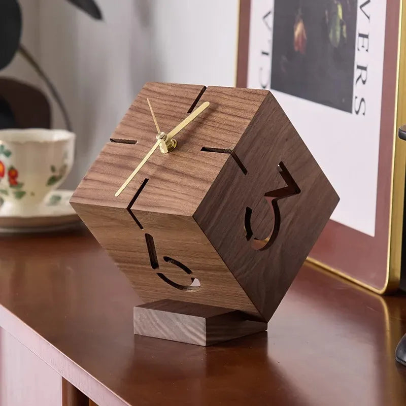 Simple and Luxurious Hollow Desktop Silent Desk Clock Ornament Creative Black Walnut Small Clock Fashionable Oasis Select