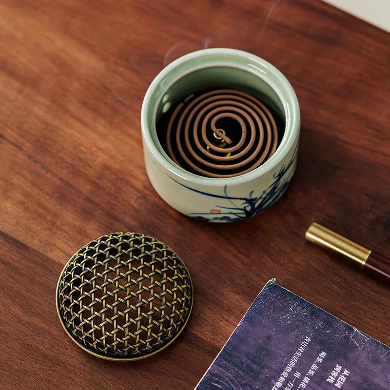 1pcs Retro Chinese Incense Burner Blue White Porcelain with Hand-painted Landscape Indoor Desktop Aroma Ornament for Home Use Oasis Select