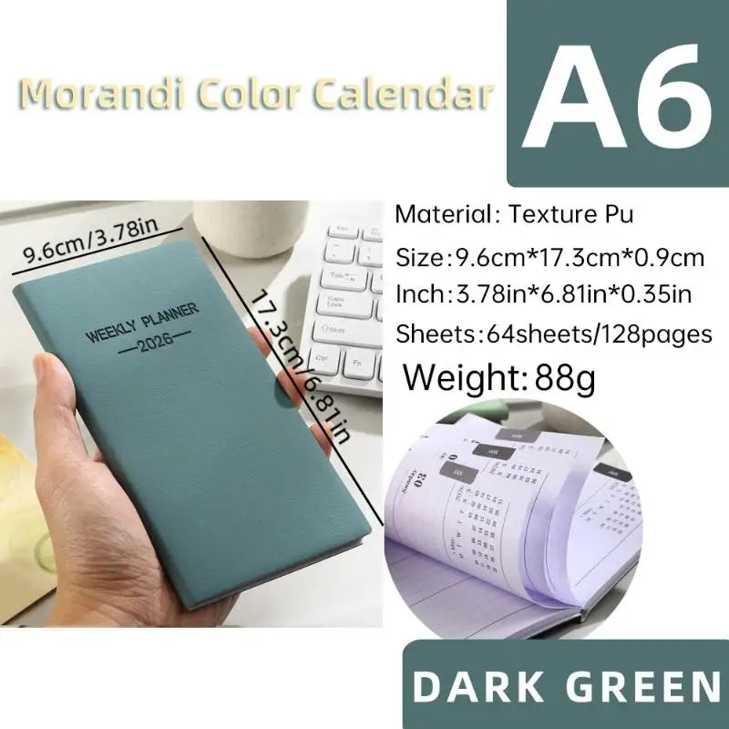 1pc A6 Size 2026 Daily Planner, Morandi Color Leather Calendar, 64 Sheets 128 Page Thin Weekly Calendar Book Oasis Select A2
