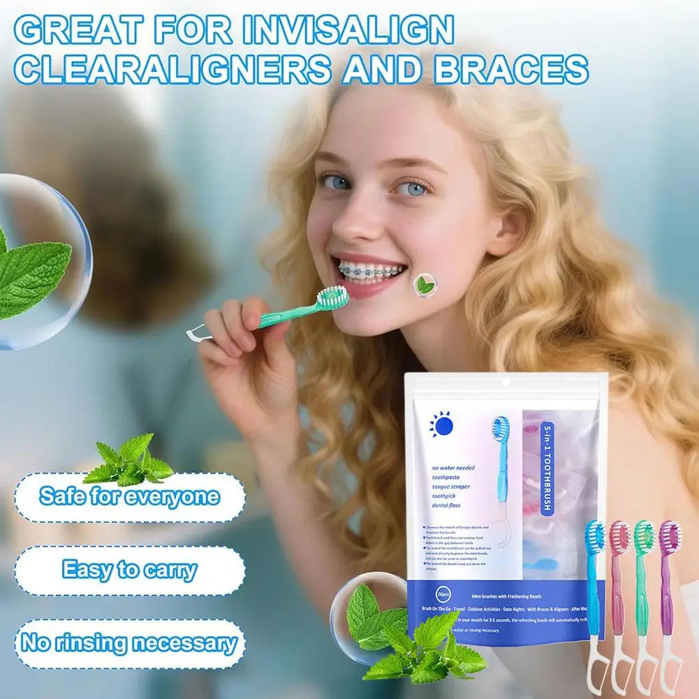 5-in-1 Disposable Toothbrush with Toothpaste Set, Mini Travel Toothbrush Soft Bristles, Dental Floss, Toothpick & Tongue Scraper Oasis Select