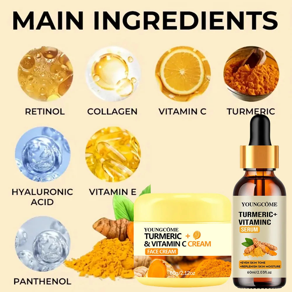YOUNGCOME Turmeric & Wtamin C Cream & Essential Set with Collagen and Retinol Facial Moisturizer for deep nourishing Oasis Select