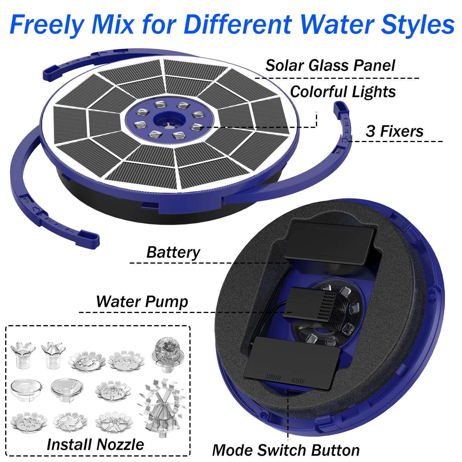 3.5w Solar Bird Bath Fountain Pump with Light, Blue/Purple Solar Fountain, Automatic/Night Mode Switching, Suitable for Courtyar Oasis Select