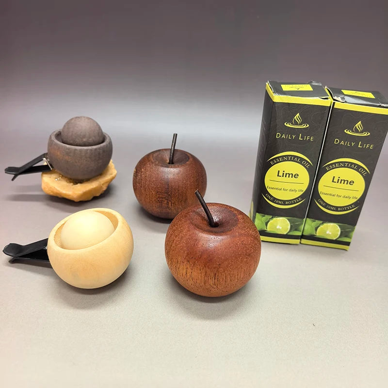 Wooden Oil Diffuser with Essential Oil Set，2pcs Apple Style+2pc Sphere+2 Bottles Essential Oil,for Bedroom Living Room Car Decor Oasis Select Lime set