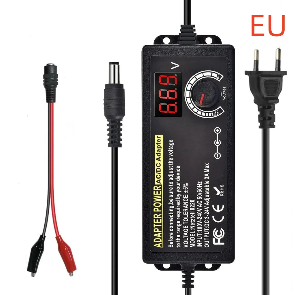 AC to DC Power Supply Adjustable Laboratory Supply Power Source 3V-24V-3A Portable Universal Adapter EU/US Plug Alligator Clip Oasis Select EU Alligator Clip AC 100-240V DC 3A