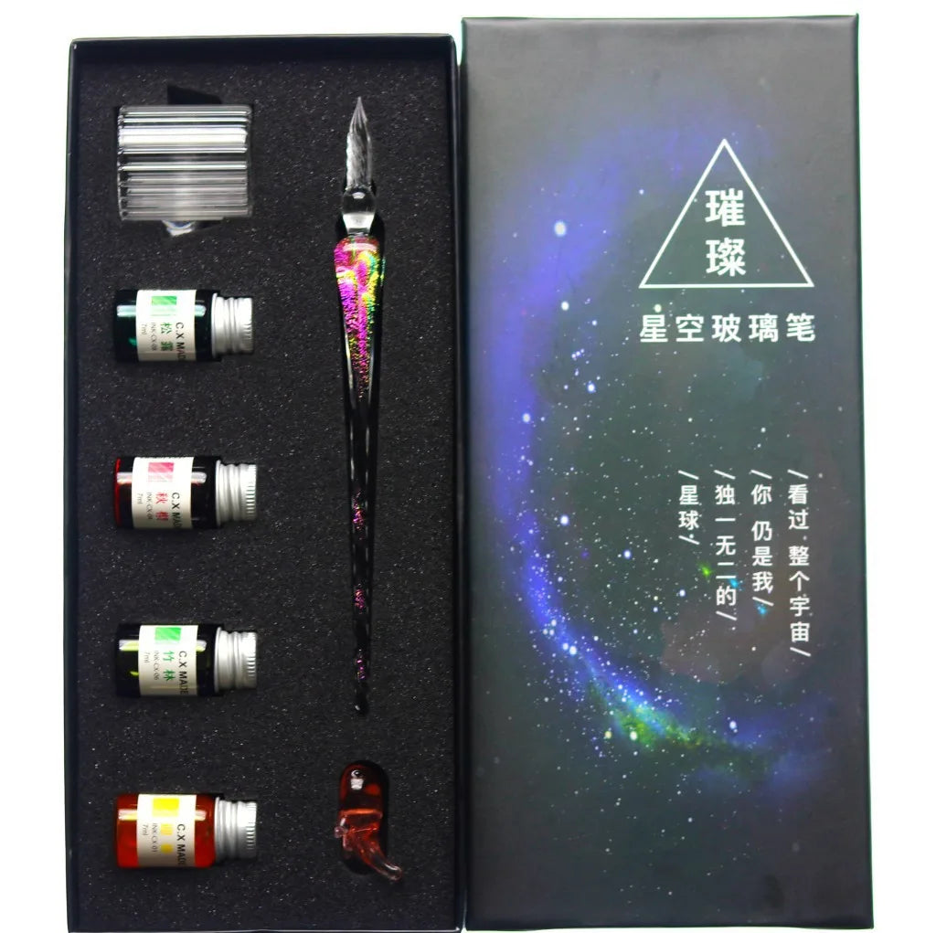 Star glass pen dipped in fountain pen gift box gold powder color ink set for students, net red Tiktok creative gift pen Oasis Select 6