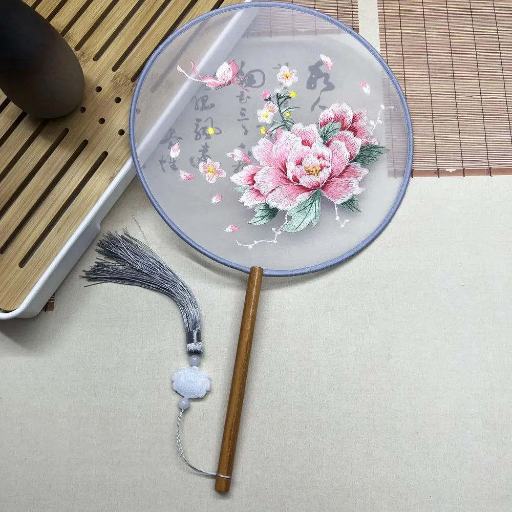 China Fan Wholesale Semi-Transparent Long Handle Tassel Dance Fan Female Costume Hanfu Cheongsam Embroidery Small Round Fan Oasis Select Silver