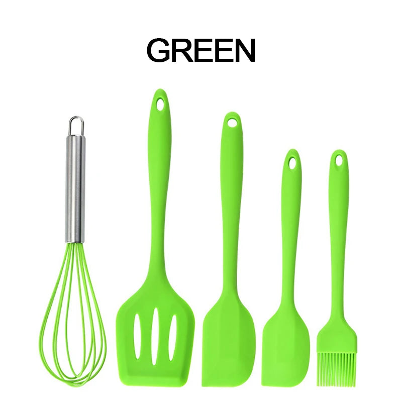 Silicone Kitchenware Cooking Utensils Set Non-stick Cookware Spatula Shovel Egg Beaters Wooden Handle Kitchen Cooking Tool Set Oasis Select GREEN