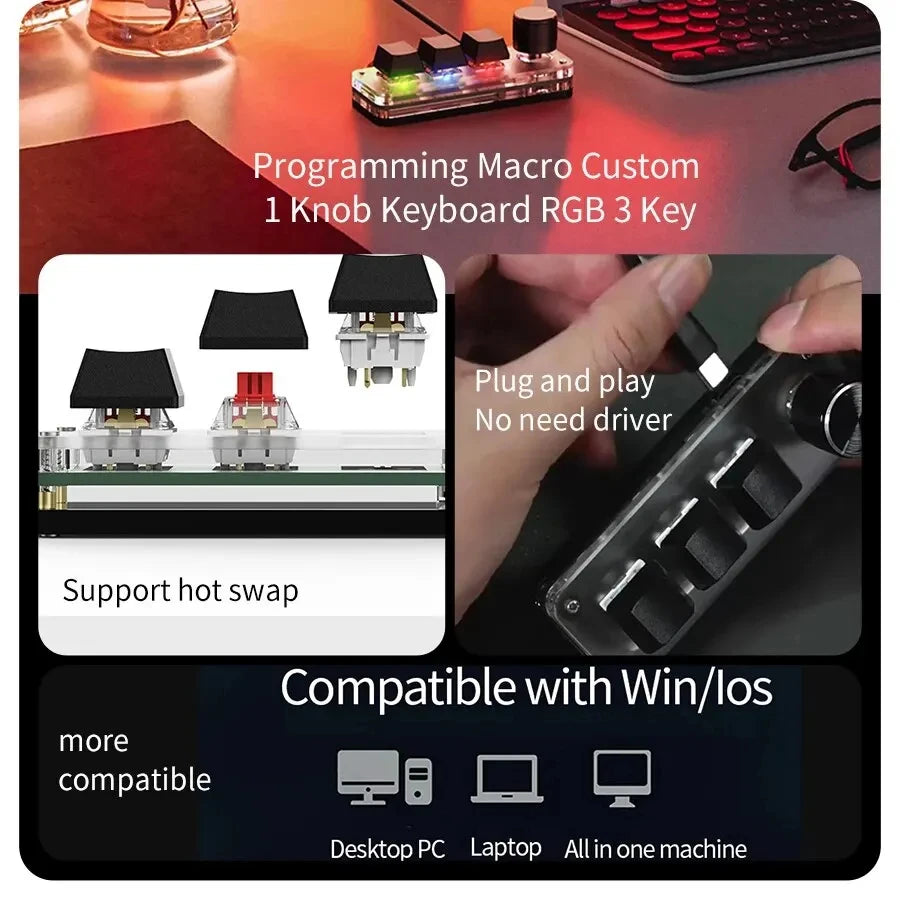 Mini Keyboard 3 Keys 1 Knob RGB Programming Macro Mechanical Keyboard Gaming Custom Switch Portable Keypad For Photoshop Oasis Select