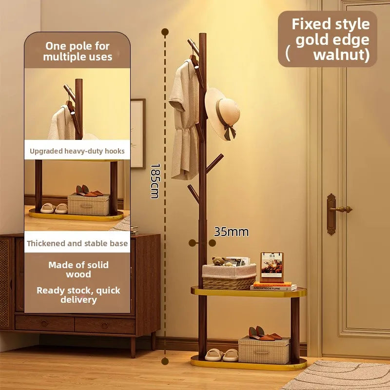 Multi-functional Bedside coat rack living room solid wood hanger double storage home floor hanger bedroom Oasis Select Walnut-D
