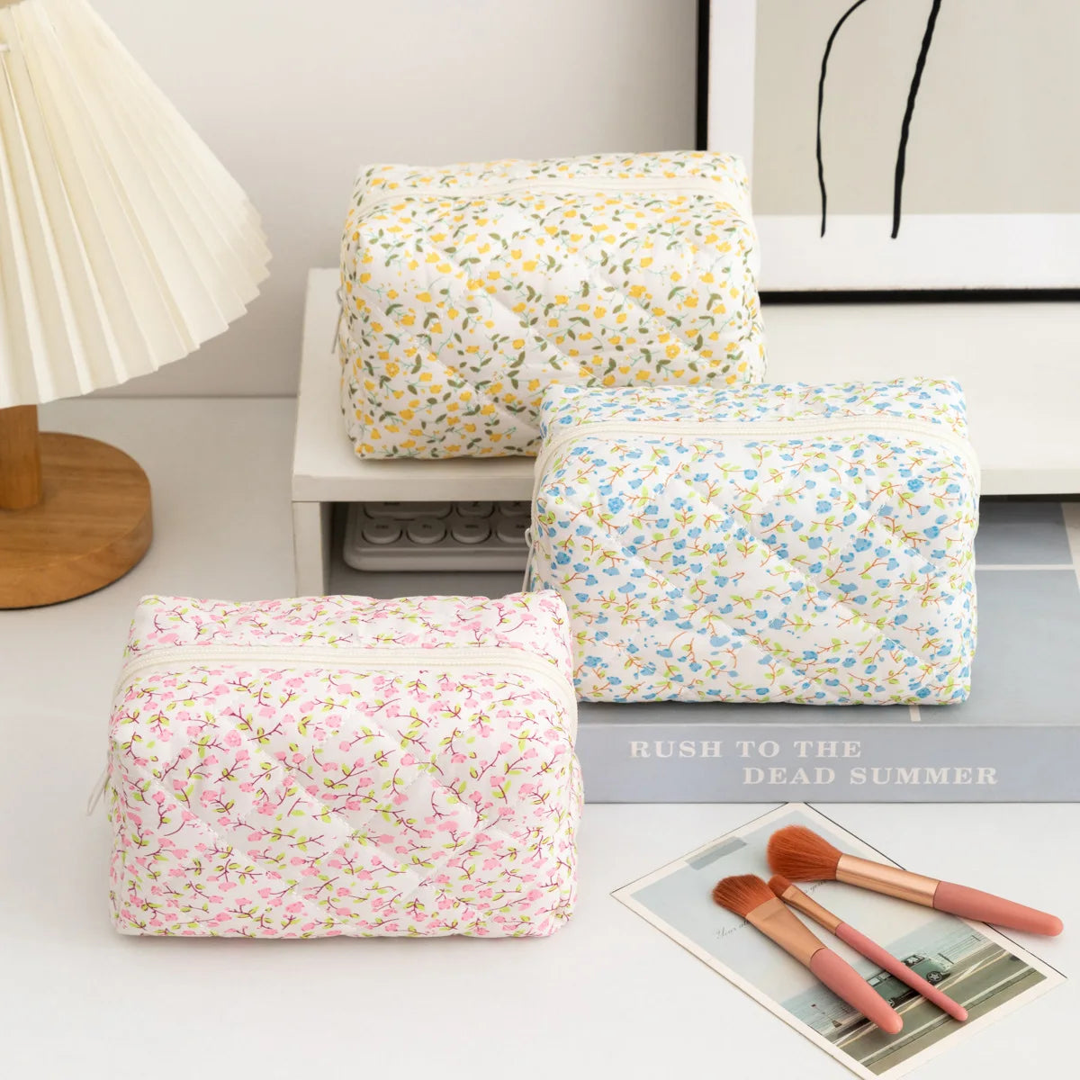 Floral Puffy Quilted Large Makeup Bag Travel Cosmetic Pouch Flower Printed Storage Organizer Makeup Accessory Oasis Select