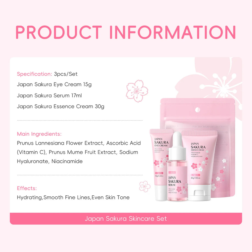 LAIKOU Sakura 3Pcs Facial Kit Face Cream Serum Eye Cream Hydrating Moisturizing Soothing Mini Travel Skincare For Women Gift Oasis Select
