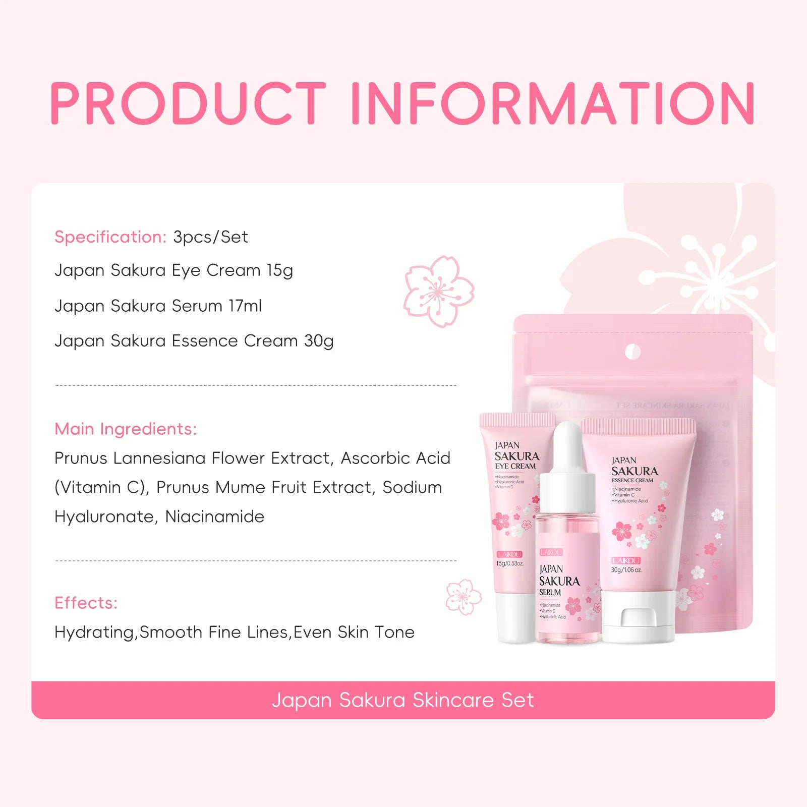 LAIKOU Sakura 3Pcs Facial Kit Face Cream Serum Eye Cream Hydrating Moisturizing Soothing Mini Travel Skincare For Women Gift Oasis Select