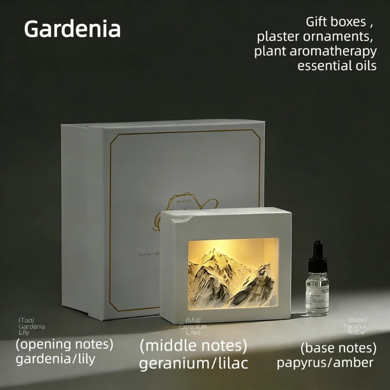 USB Aroma Diffuser Snow Mountain Stone Essential Oil Diffuser Aromatherapy Gift Box with 3 Color LED Light Home Fragrance Oasis Select gray gardenia Gift box packaging