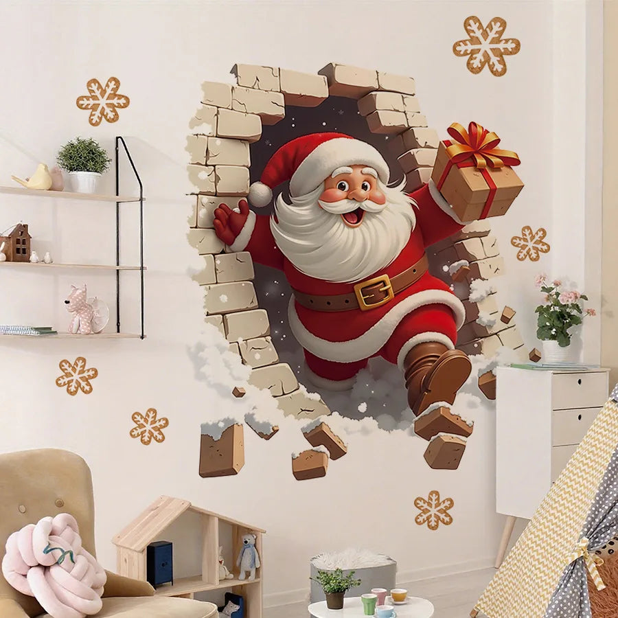 HS1787Q Three-dimensional Wall-breaking Effect Santa Claus in The Snow Gift Self-adhesive Wall Sticker for Holiday Decoration Oasis Select