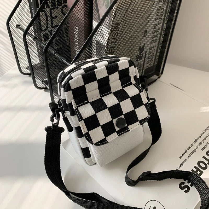Men Sports Messenger Bag Adjustable Strap Daily Commute Travel Essential Mini Checkered Square Design With Front Fashion Pocket Oasis Select Black