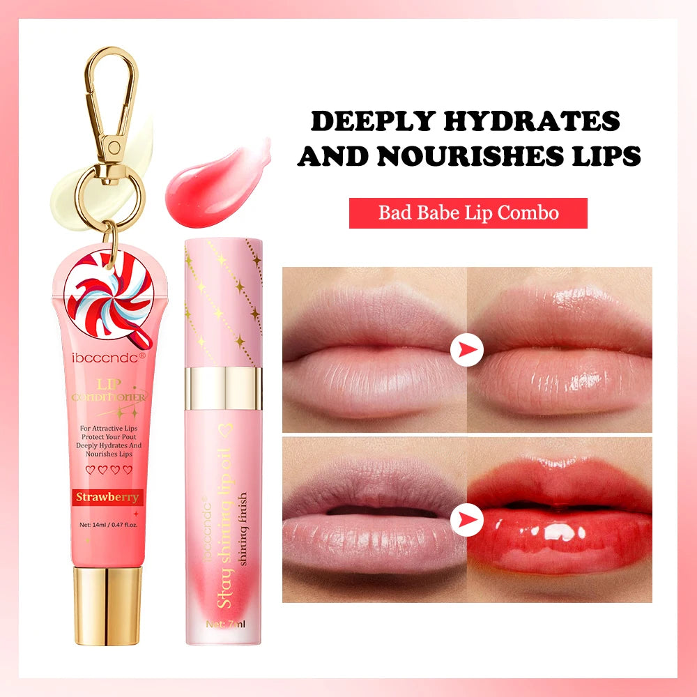 Lip Oil and Lip Stain Set Strawberry Flavor Watery Glossy Clear Lip Gel Hydrating Moisturizing Lip Gloss Women Lips Cosmetic Mak Oasis Select