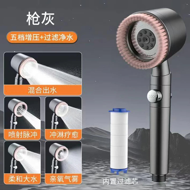 New 5 Mode Pressurized Shower Head With Filter Stop Button Water Saving Spray Nozzles Big Boost Showerhead Bathroom Accessories Oasis Select New grey shower