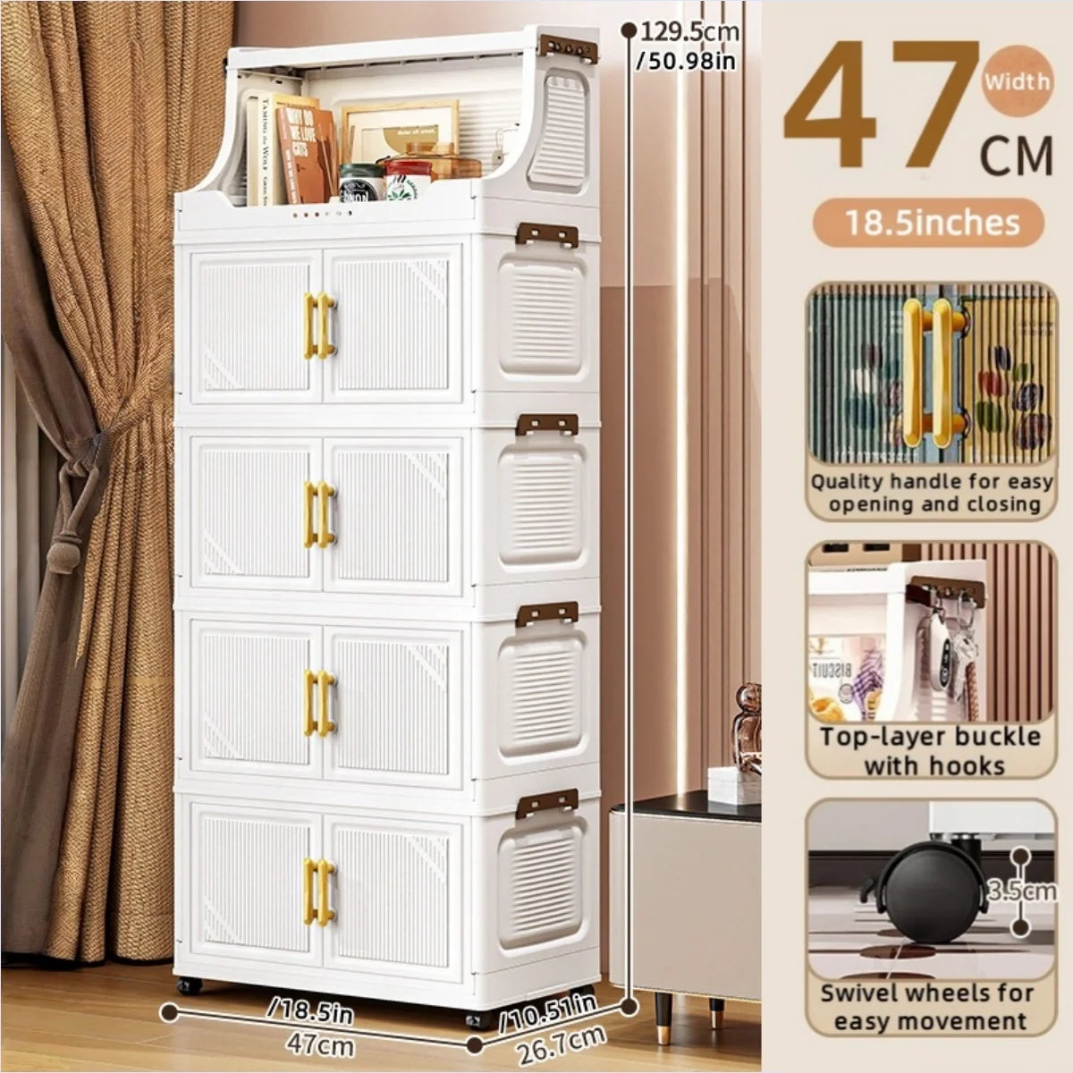 Large Foldable Flip-Top Transparent Storage Cabinet with Wheels - Space-Saving Mobile Organizer for Kitchen Bedroom Living Room Oasis Select 5 Tiers White