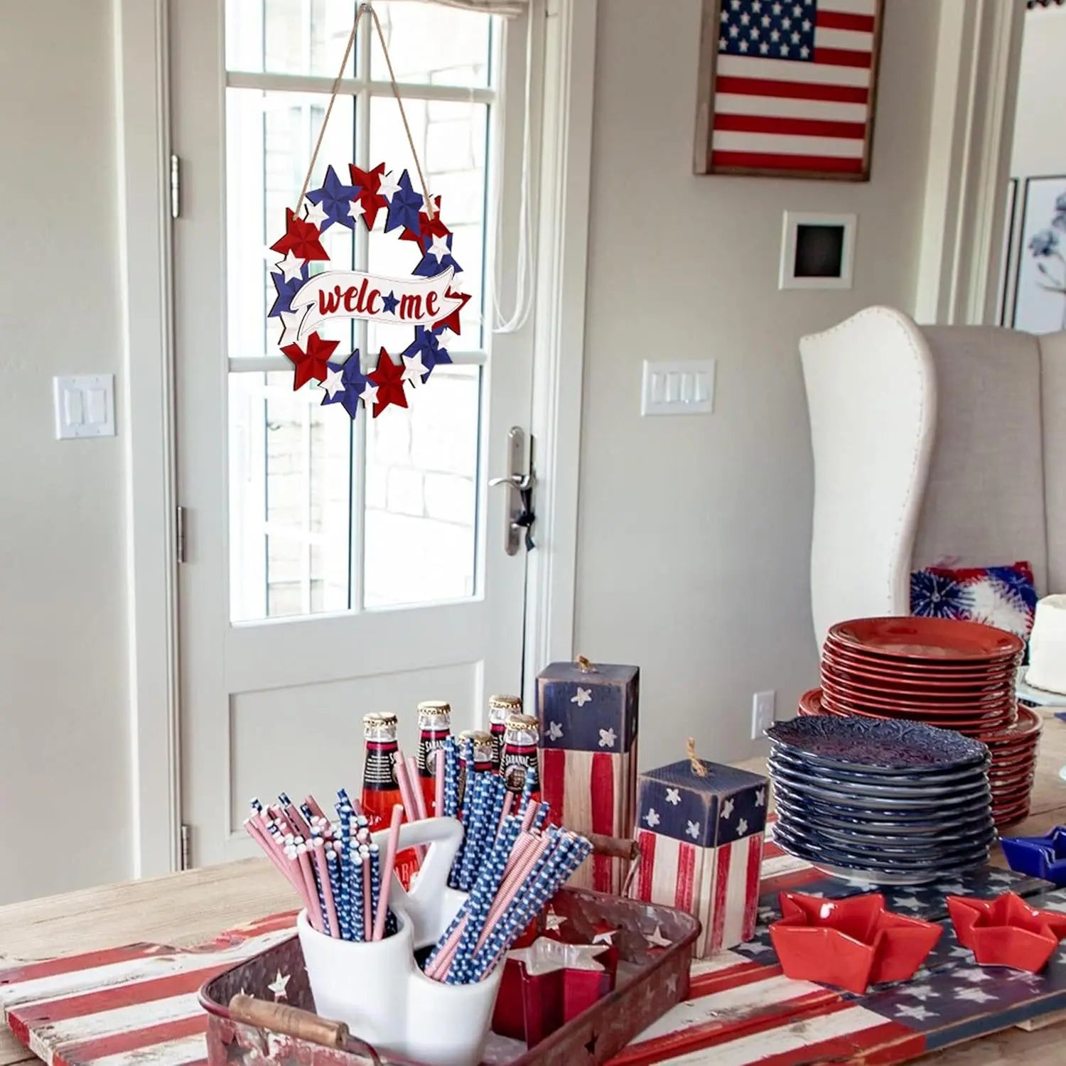 Independence Day Wooden Front Door Welcome Star Garland - Wooden Red, White and Blue Star Sign Door Plate Decoration Oasis Select