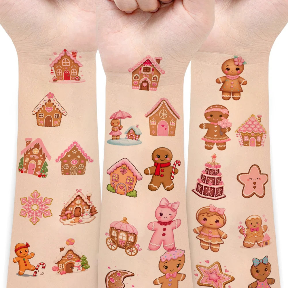 54-Piece Gingerbread Temporary Tattoo Stickers – Waterproof 3D
