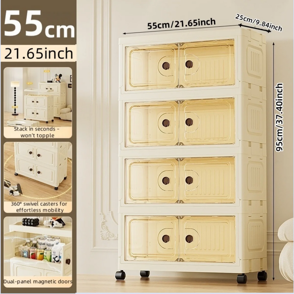 55cm Foldable Large Double-Door Storage Cabinet with Swivel Casters,3-6 Tier,Bedroom/Kitchen/Living Room Oasis Select Yellow-4-Layers