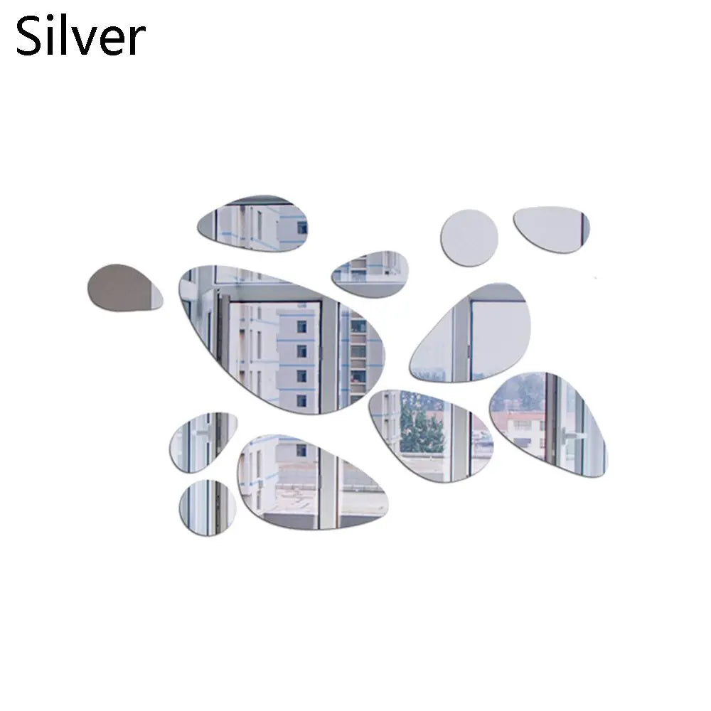 Self-adhesive Mirror Surface Wall Stickers 3D Pebble Decals Removable Vinyl Mural Art Wall Decal Living Room Ornament Oasis Select silver-12pcs