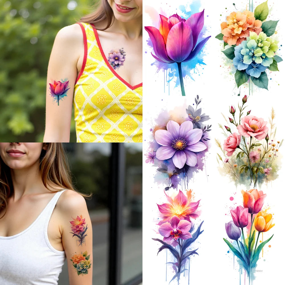 9-Pack Waterproof Temporary Tattoo Stickers – Flowers & Art