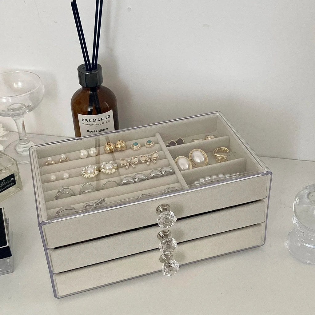 3 Layer Jewelry Organizer Boxes,with Organizer Drawer, Velvet Earring Organizer, Holder Boxes for Stud Earrings, Rings Oasis Select Clear