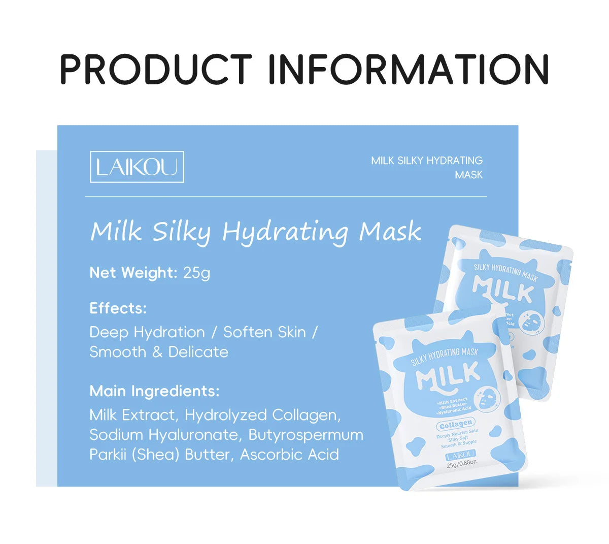 LAIKOU Milk Silky Hydrating Mask Brightening Collagen Sheet Mask Anti-Age Skin Care Moisturizing Face Mask 25g Oasis Select